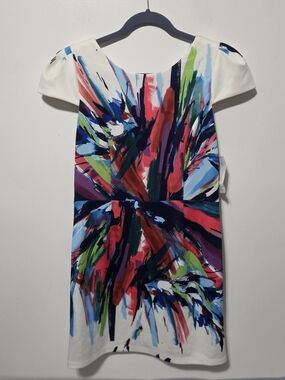 Abstract Brushstroke Cap-Sleeve Mini Dress - White Multi